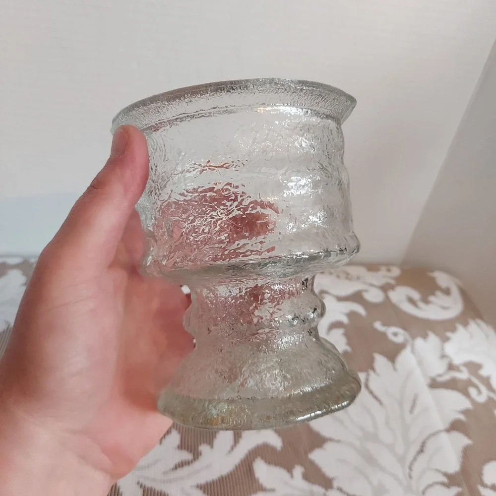 Crisa USA Vintage Textured Ice Glass Pedestal Vase Candle Holder Brutalist 5x4.5